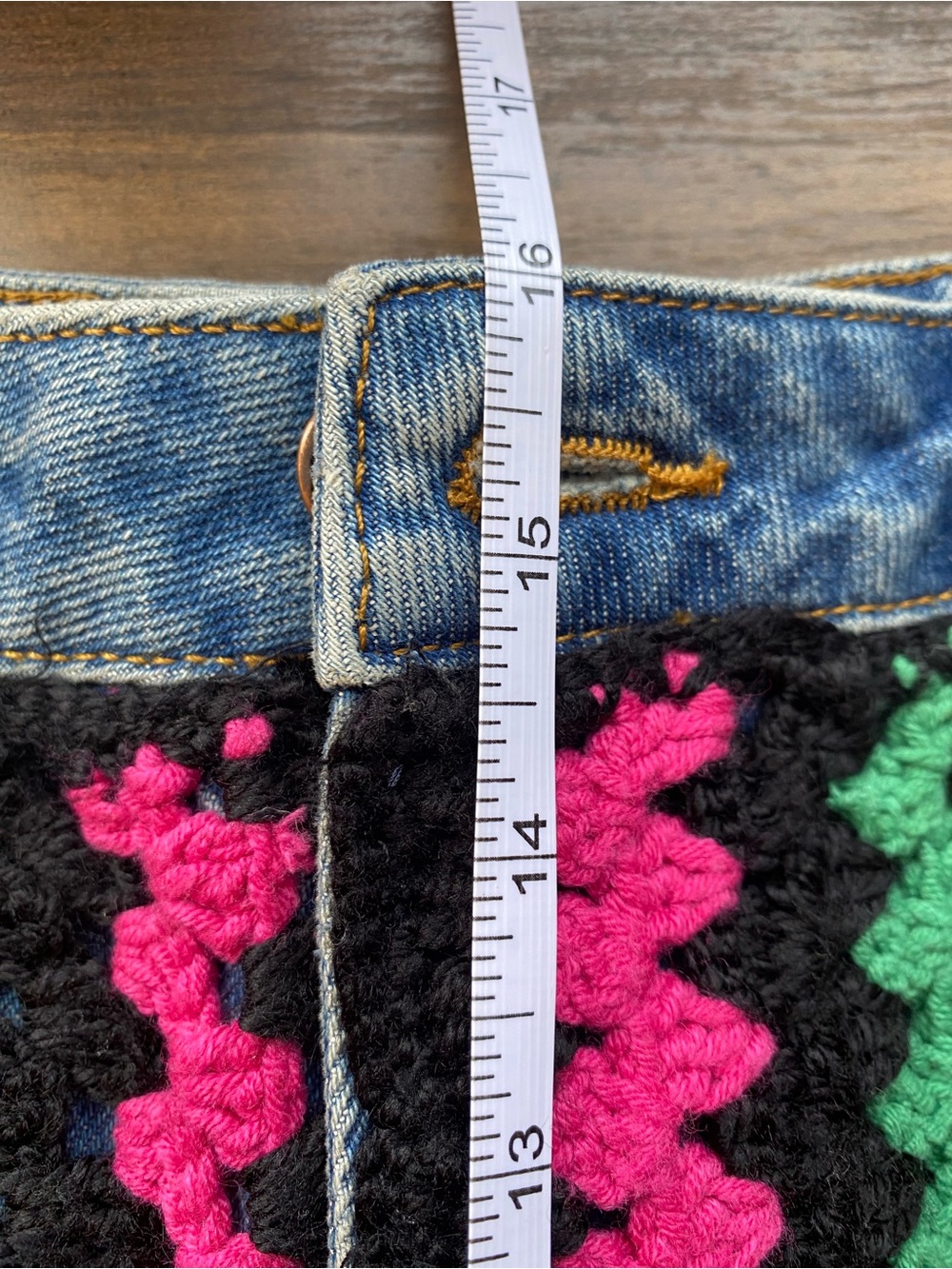 FARM Rio Crochet-Panel Denim Shorts in Black with Green, Pink, Orange, Blue - Picture 10 of 11